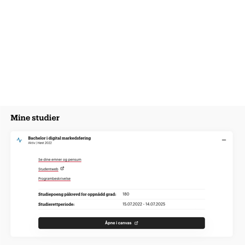 Skjermbilde av siden "Mine studier" inne på Mitt Kristiania