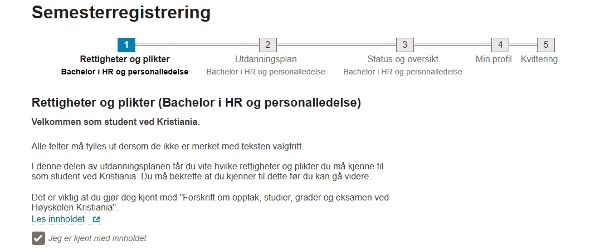 Skjermbilde av steg 1 i semesterregistreringen: Rettigheter og plikter