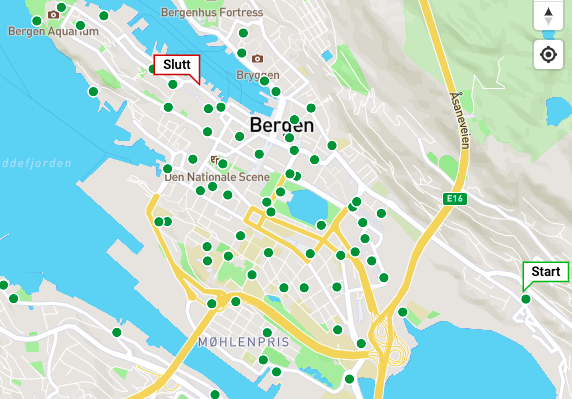 kart over Bergen sentrum med oversikt over bysykkelparkeringer.