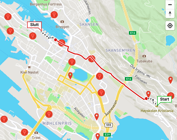 kart over Bergen, med markerte busstopp på linjene mellom Hansaparken og Vågen.