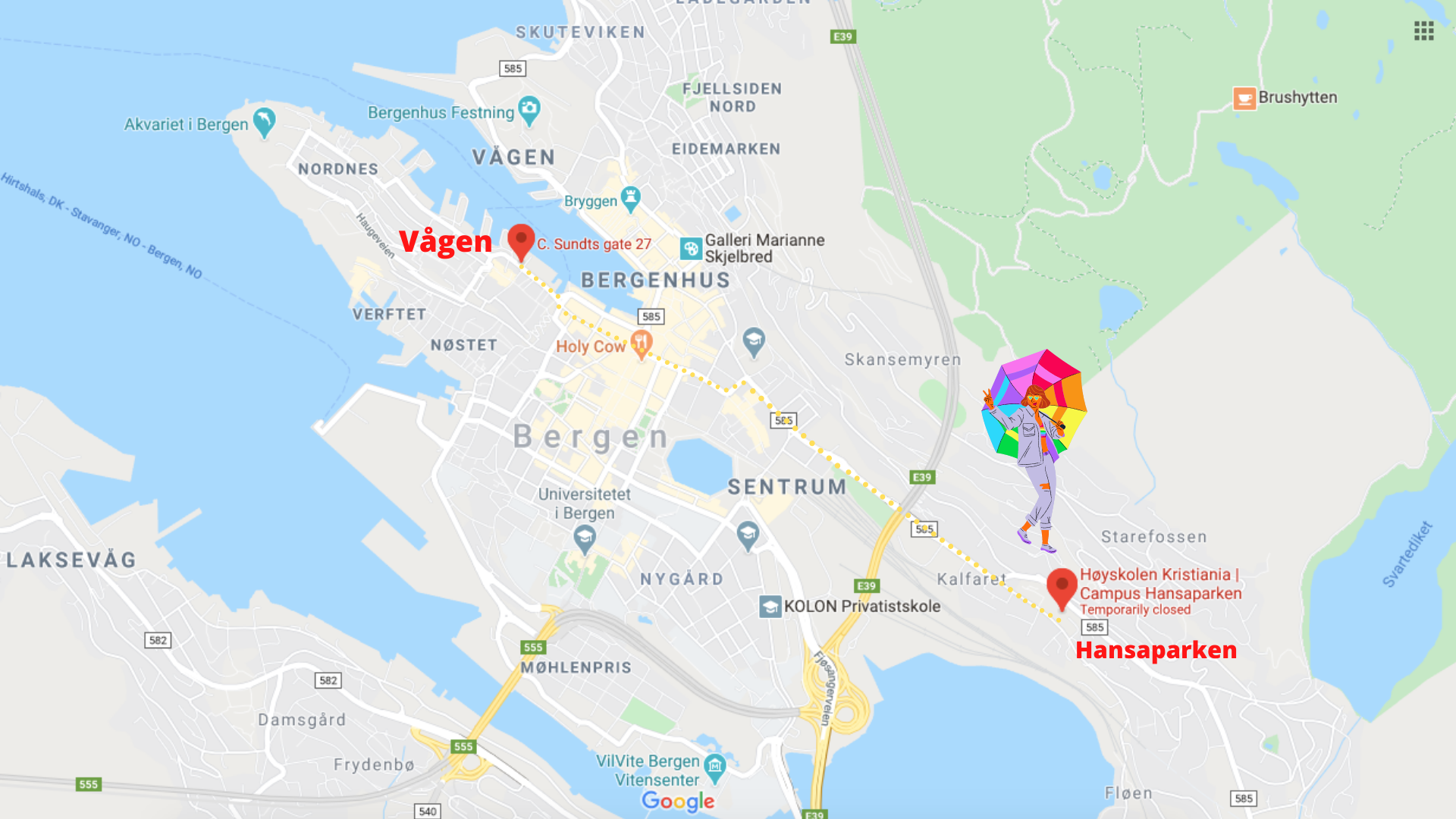 kart over Bergen sentrum, der Hansaparken og Vågen er markert.
