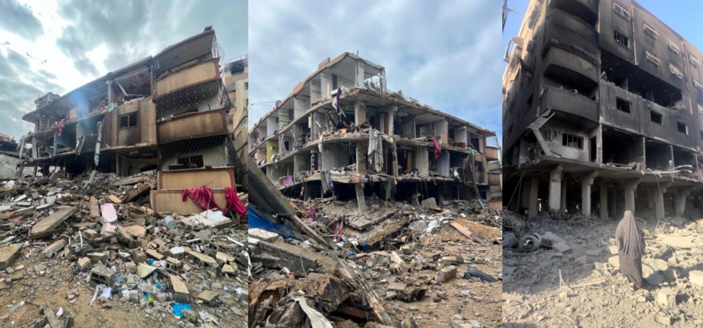 Tre bilder av utbombede bygninger i Gaza