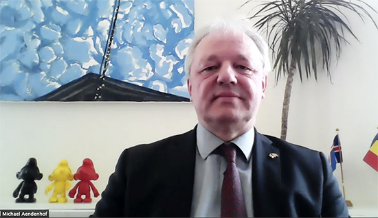 Skjermdump fra zoom av Belgias ambassadør i Norge Frank Arnauts