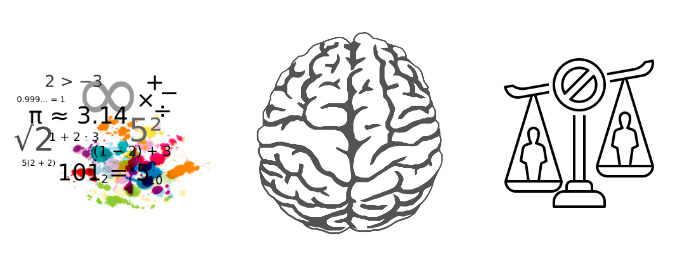 Illustrasjon av farger og matematiske formler, en hjerne og en vekt med mennesker på hver side