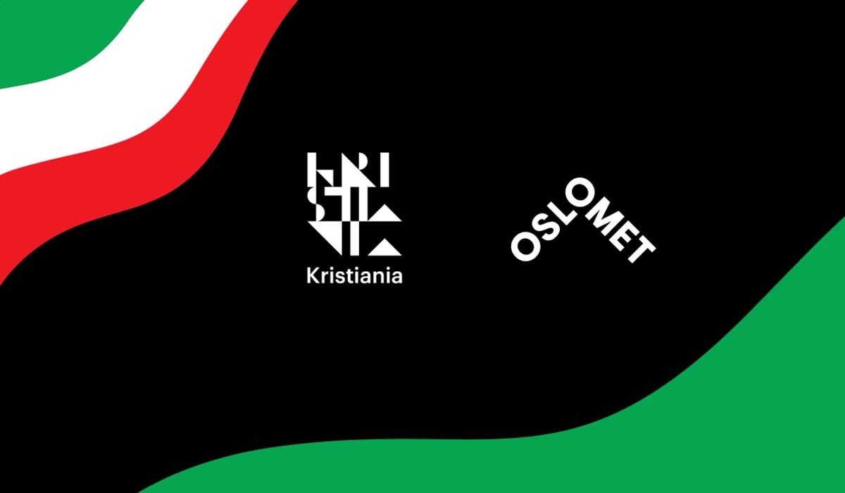 Et bilde med deiranske flaggs farger og logoene til Høyskolen Kristiania og Oslo Met står sammen. Grafisk illustrasjon.