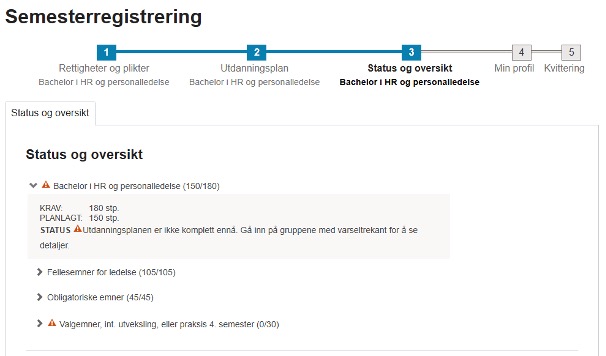 Skjermbilde av semesterregistrering steg tre: Status og oversikt.