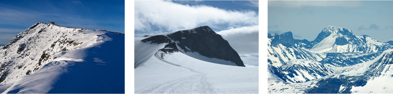 Bildene viser tre ulike perspektiver på Galdhøpiggen. Hvordan kan du beskrive fjellet på en helhetlig måte?