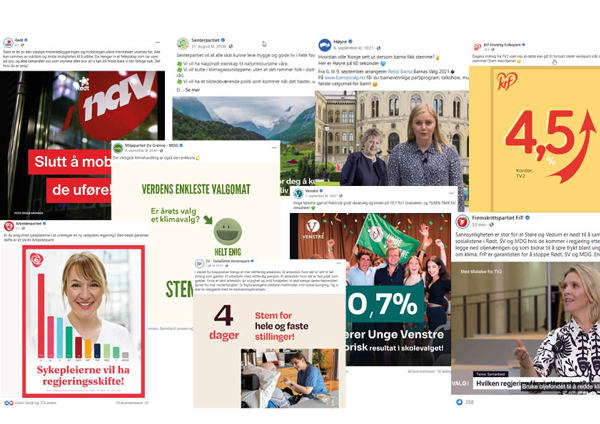  Collage av faksimiler av Facebook-innlegg til politiske parti