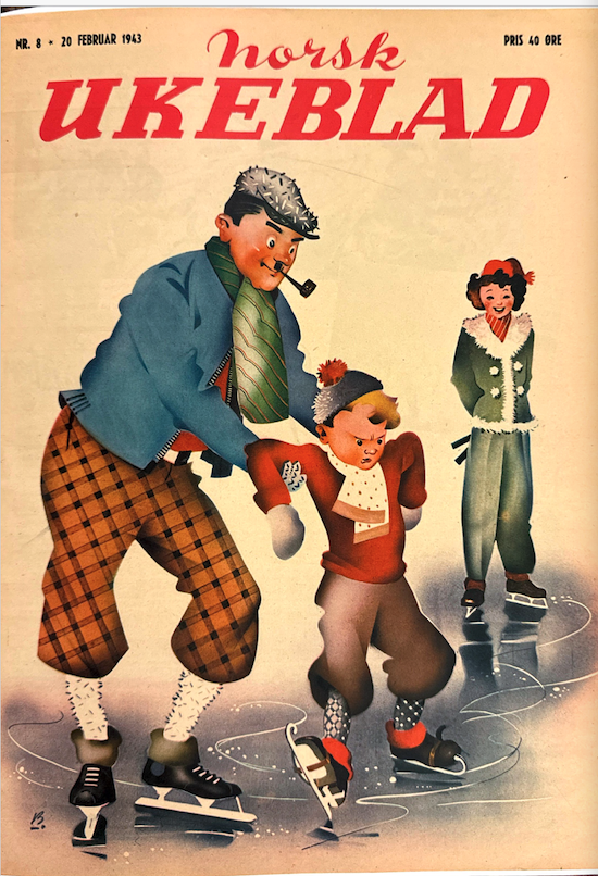 Tegning av en stor mann på skøyter med liten bart og pipe, som holder en liten mann under armene.