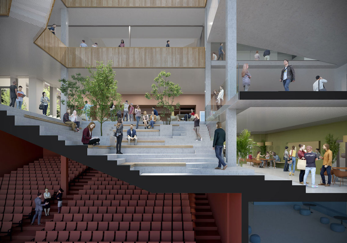 Skisse av auditorium over flere plan.