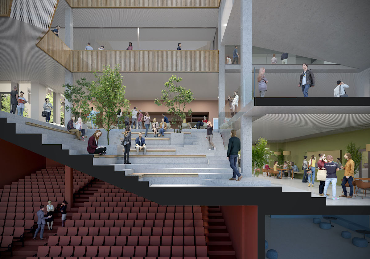 Skisse av auditorium over flere plan.