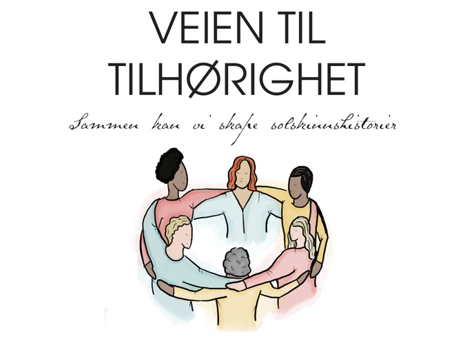 Strektegning av mangfoldig gruppe mennesker som holder rundt hverandre.