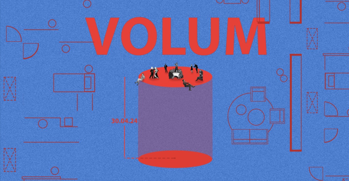 Ordet VOLUM i røde store bokstaver på blå bakgrunn. Grafisk framstilling av en cylinder med noen mennesker oppa.