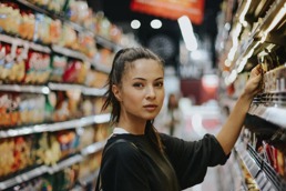 En ung dame ser rett inn i kamera mens hun plukker ned en vare fra butikkhylla