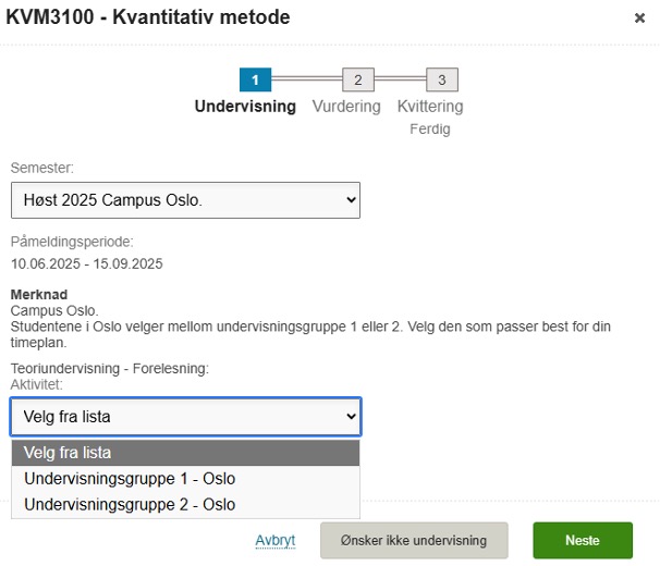 Skjermbilde som viser et eksempel på et emne hvor man må velge undervisningsgruppe. 