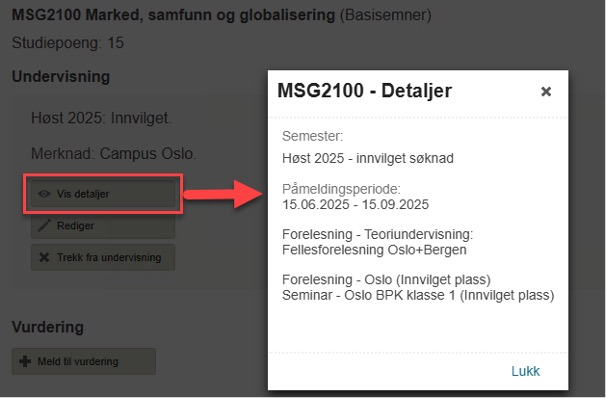 Skjermbilde av et vindu som dukker opp, hvis man trykker på "vis detaljer" i undervisningsmeldingen.