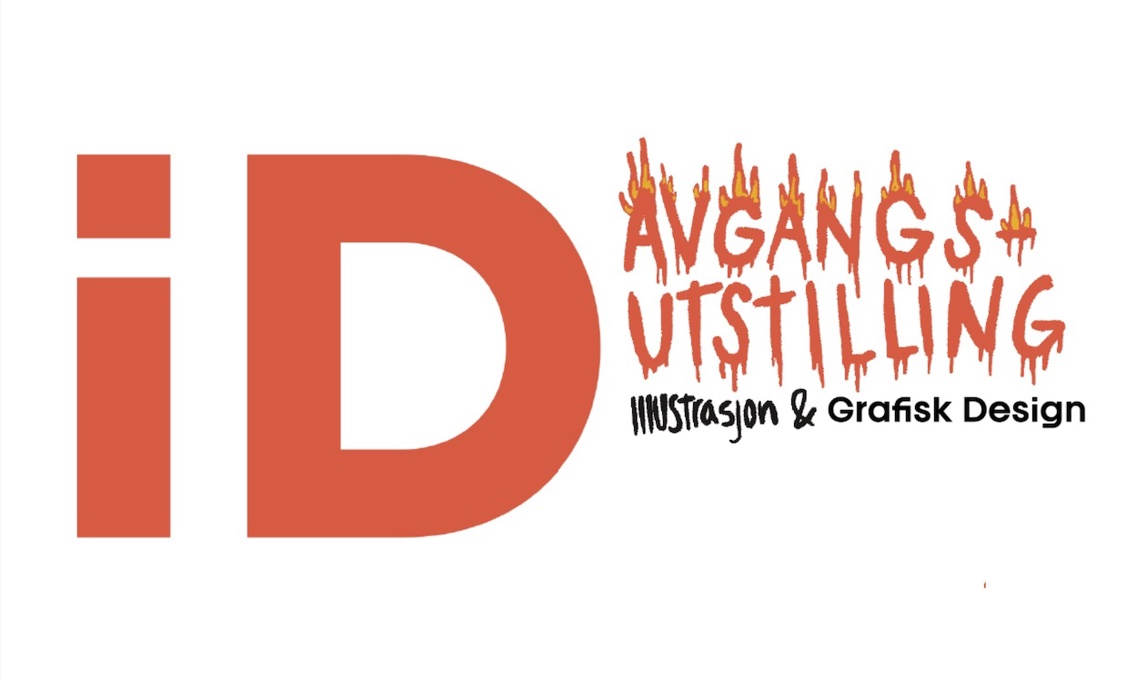 Det står iD i rød skrift. Avgangsutstillings står i litt barnslig rød skrift med flammer. Det står Illustrasjon og Grafisk design i svart skrift. 