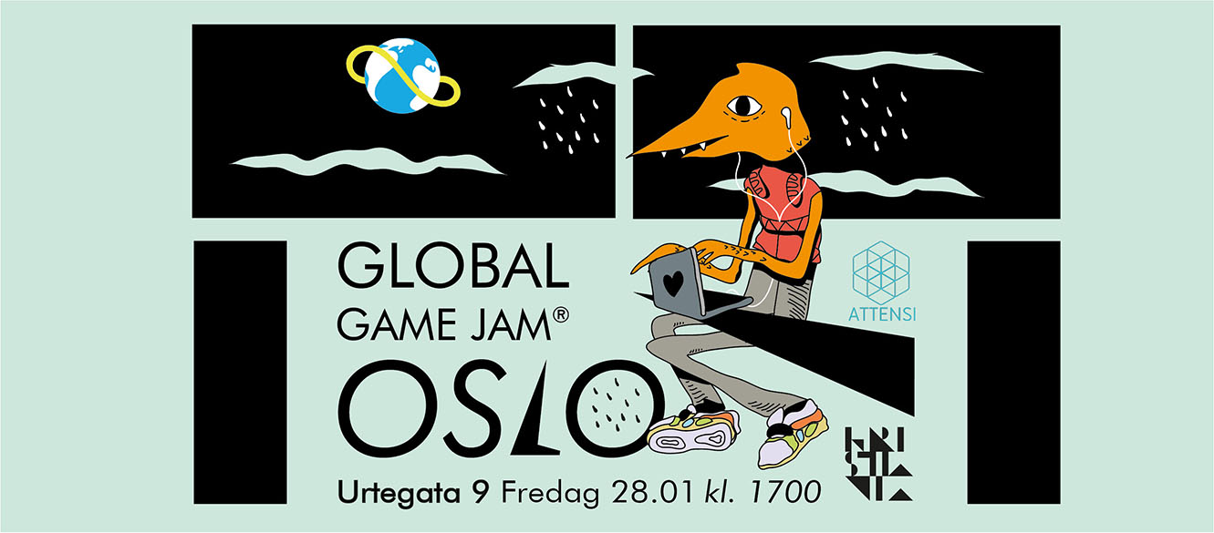 Plakat for Game Jam med navn, dato og tegning av person som jobber med PC.