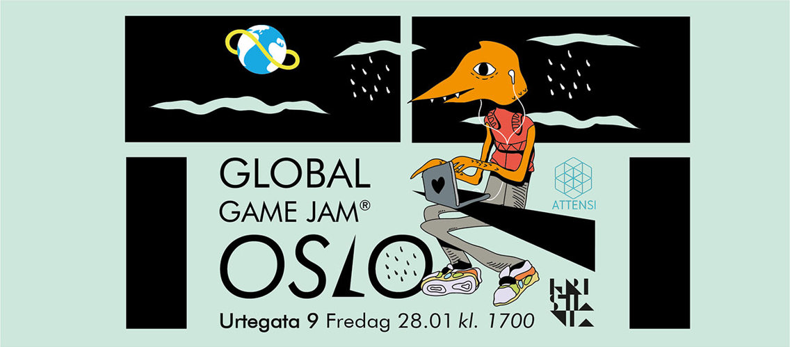 Plakat for Game Jam med navn, dato og tegning av person som jobber med PC.