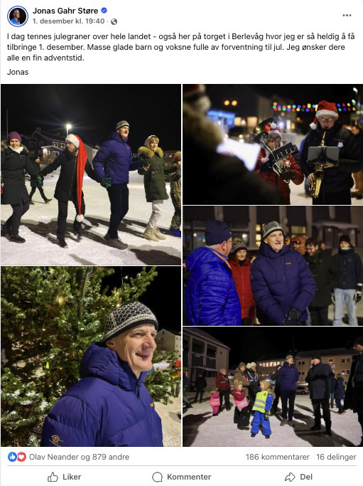 Støres innlegg på facebook med bilder fra julegrantenning på torget i Berlevåg