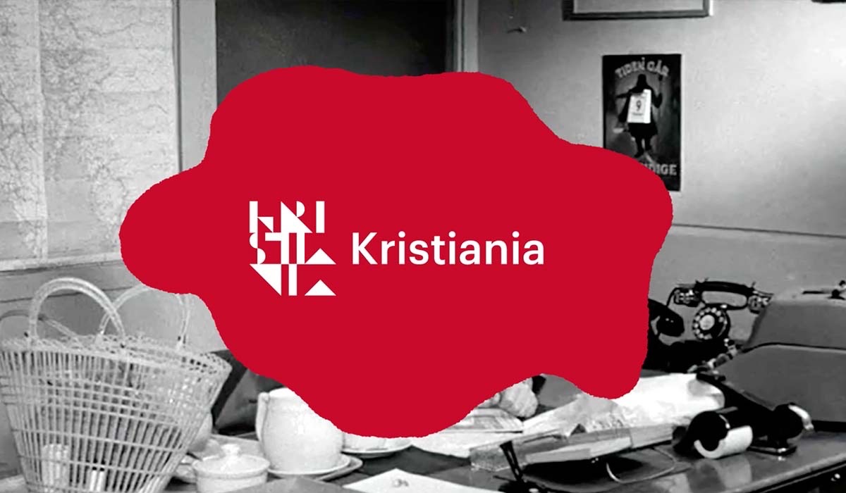 Kristianias røde logo står foran en kjedelig svart-hvit bakgrunn