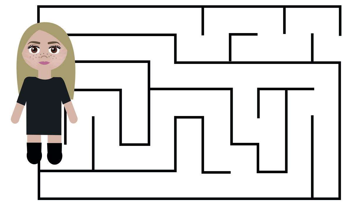 Tegning med labyrint og figur av studentblogger.