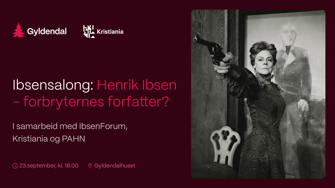 Oppslag om arrangementet, med bilde av en dame som holder en pistol.