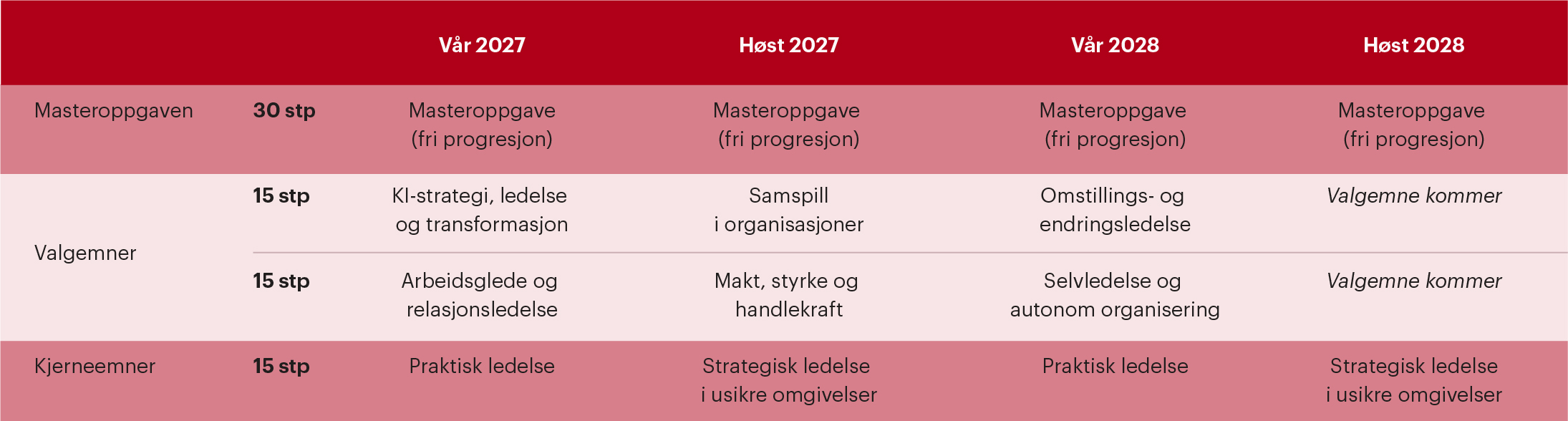 Emnematrise for Erfaringsbasert master i ledelse fra vår 2027 til høst 2028. Figuren viser når kjerneemner, valgemner og masteroppgave tilbys. Kjerneemnene Praktisk ledelse og Strategisk ledelse i usikre omgivelser går annenhver termin, mens ulike valgemner tilbys hvert semester. Masteroppgaven tas med fri progresjon.