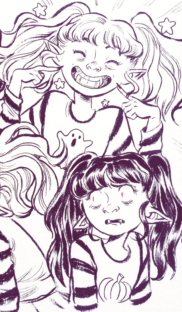 Tegning av to jenter med musefletter, alveører og vampyrtenner. 