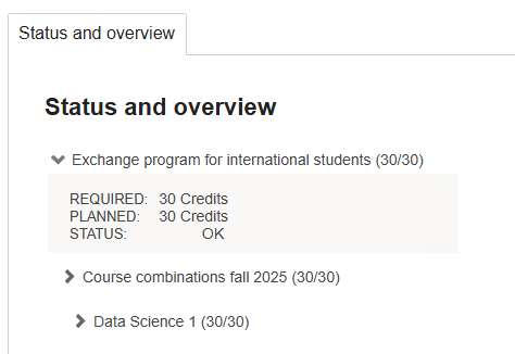 Screen shot of semester registration step 3: status and overview