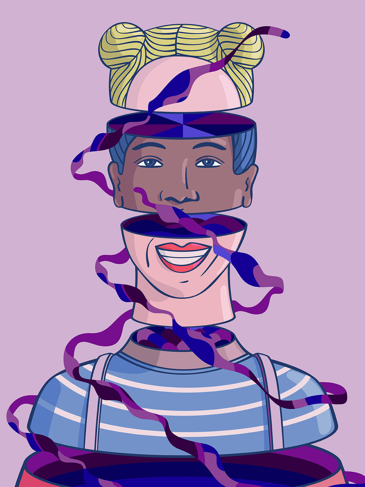 Bildet viser en digital illustrasjon med gammelrosa bakgrunn. MIdt på bildet er det en illustrasjon av en person med "delt personlighet" i form av at hodet er sammensatt av tre ulike deler.