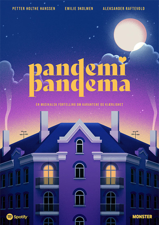 Poster for pandemi pandema. Et hus med lys i to vinduer med test i himmelen.  