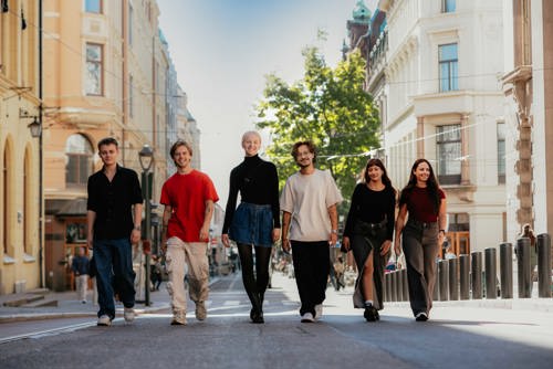 Bildelenke av studenter som går i en gate.