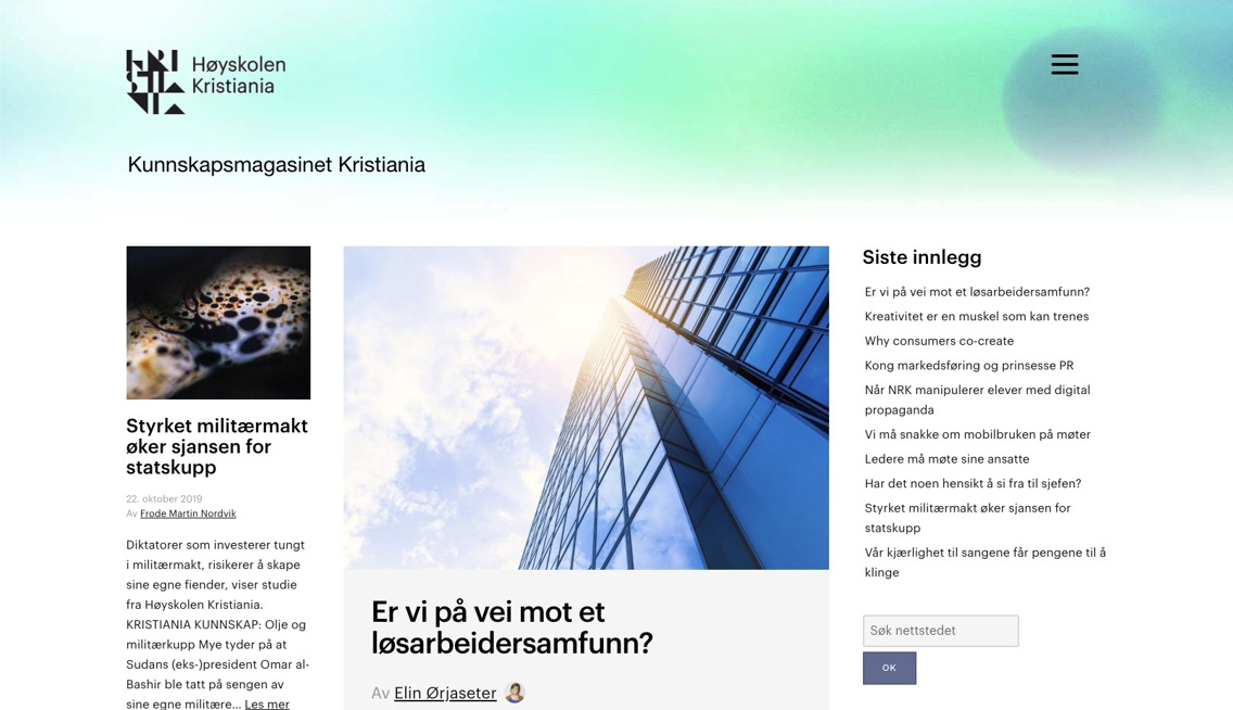 Skjermbilde av forsiden til kunnskapsmagasinet Kunnskap Kristiania