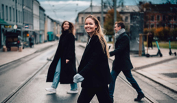 3 studenter krysser Thorvald Meyers gate ved Olaf Ryes plass i Oslo. Det er høst.