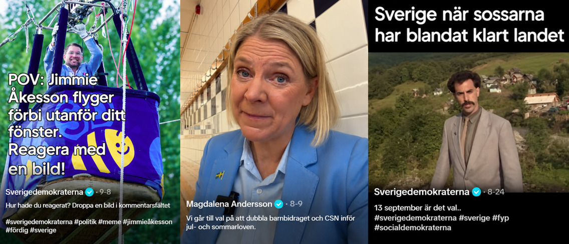 Skjermdump fra TikTok-kanalene til Sverigedemokraterna og Magdalena Andersson