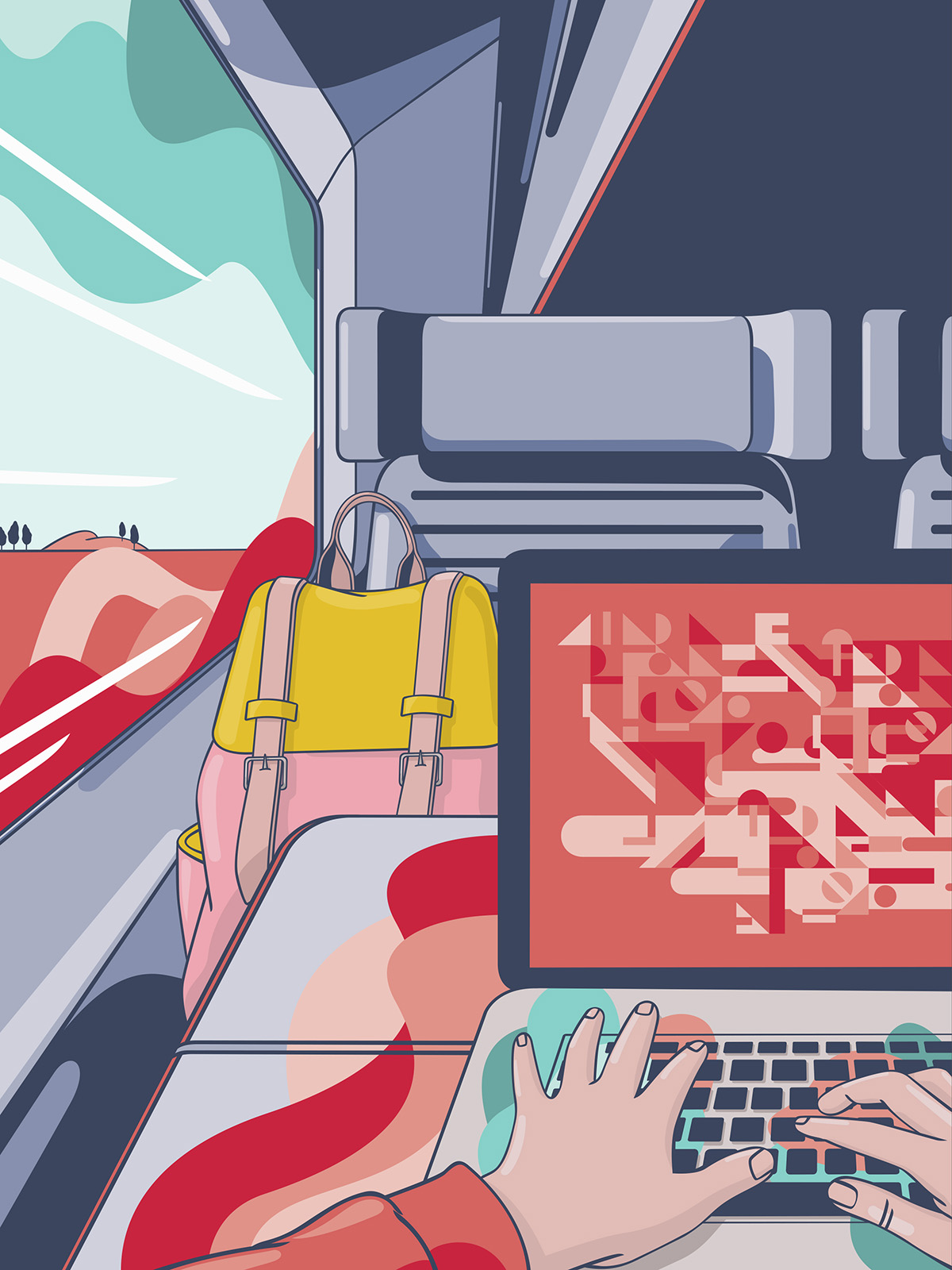 Bildet viser en illustrasjon av en person som sitter på et tog. Man ser hendene til personen på tastaturet på en pc foran på bordet.