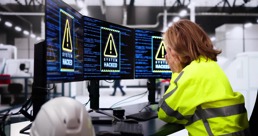 Kvinne som sitter med hodet i hendene foran tre pc-skjermer som viser at hun er blitt hacket