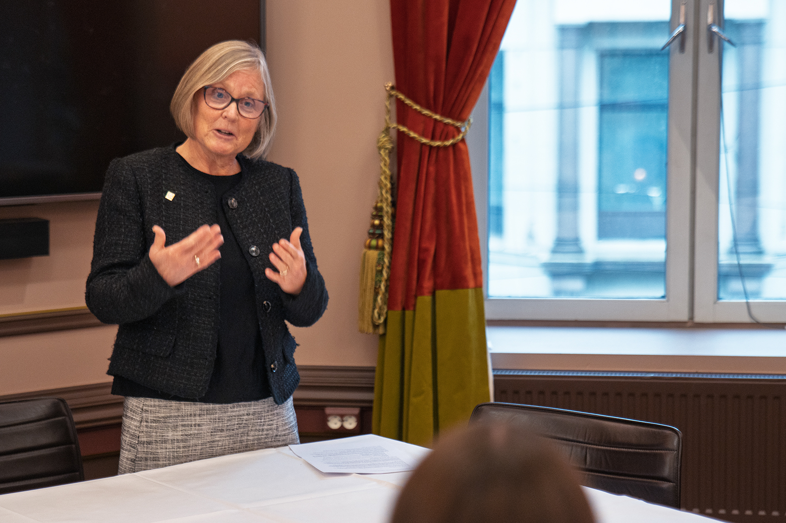 Prorektor for utdanning Sarah J. Paulson taler til stipendmottakerne.