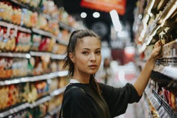 En dame i butikken som står ved en hylle og ser ser inn i kamera