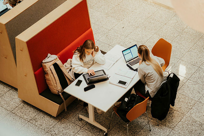 To kvinnelige studenter er fotografert ovenfra mens de sitter ved en skrivepult og studerer