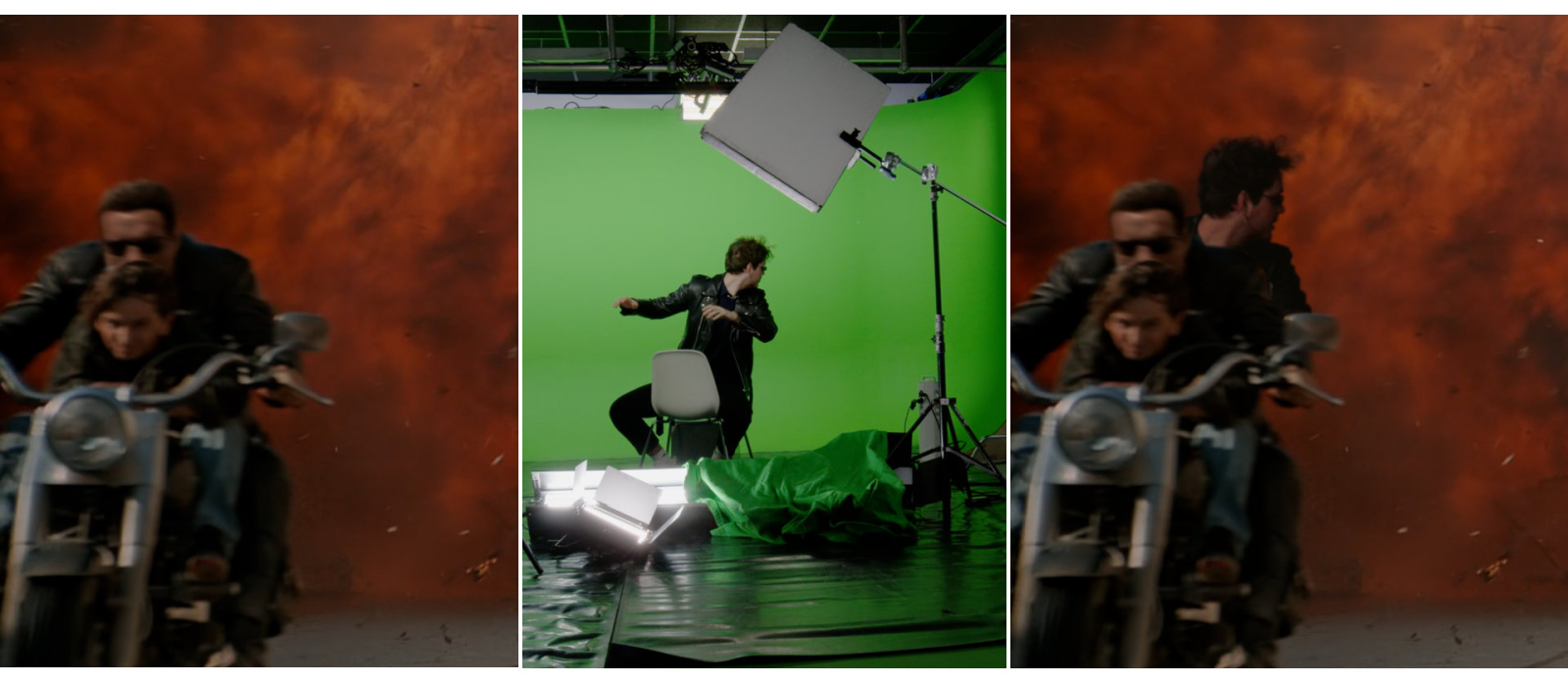 Tre ulike foto som viser originalklipp fra film, en student med greenscreen bak og et bilde der de to er kombinert, slik at det ser ut som studenten er med i filmen.
