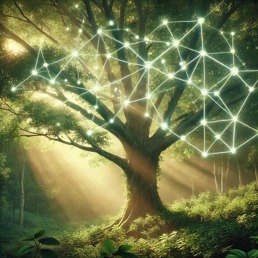 Et KI-generert bilde av et tre ute i skogen med flere streker som er koblet sammen via sterke lys