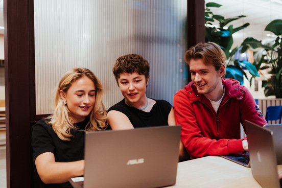 Studenter jobber i kollokvie med PC.