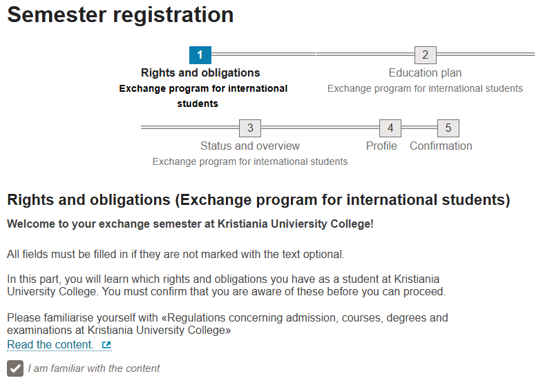 Screen shot of semester registration step 1: Rights and obligations