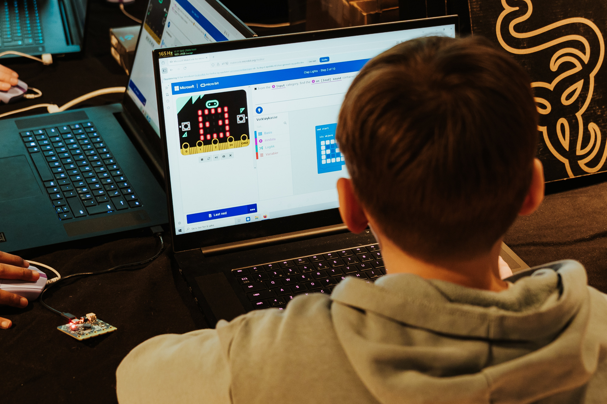 Bakhode til en gutt som sitter å programmerer et spill. 