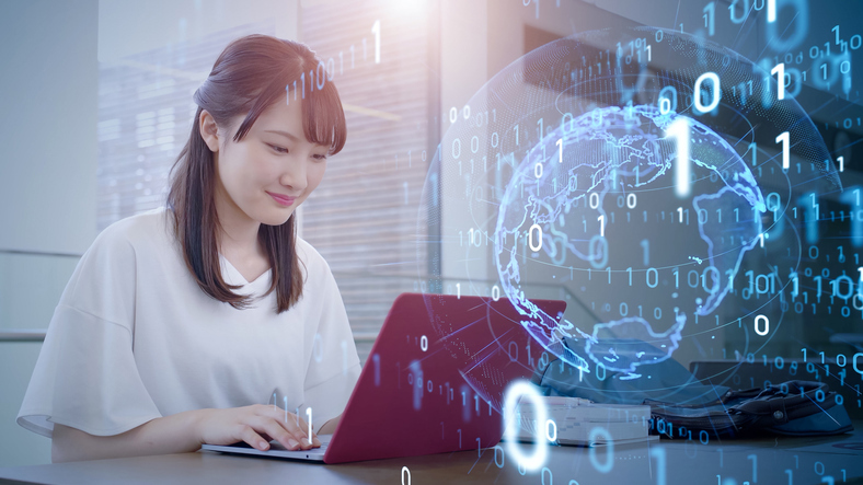 Women using a computer with animated AI features around