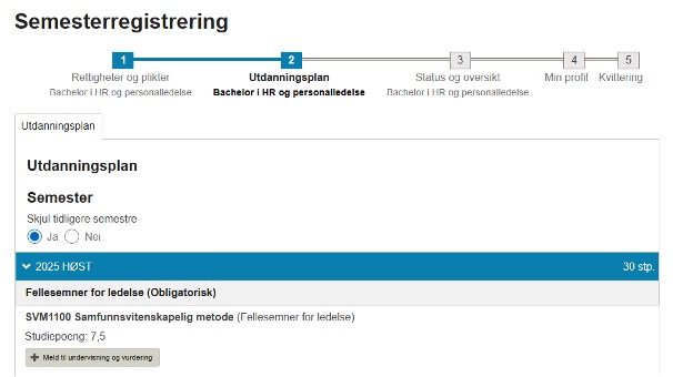 Skjermbilde av steg 2 i semesterregistreringen: Din utdanningsplan 