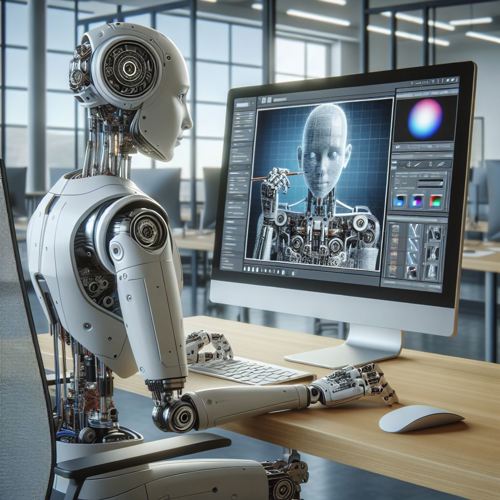 Illustrasjon av robot som lager et AI-program på en PC.