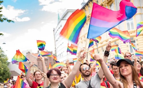Mennesker i pride-tog med veivende pride-flagg